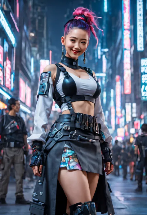 masterpiece, best quality, ((smiling)) cyberpunk girls standing, having grey and grey uniform and black long skirt, Harajuku-ins...