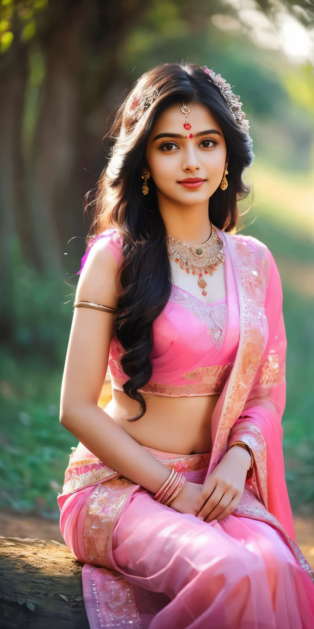 Anusha in pink sari sitting on a bench - SeaArt AI