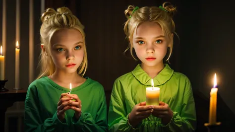 KIDS GIRL vampire blonde HAIR BUN green clothes. and candles, green light candles., banished of sin