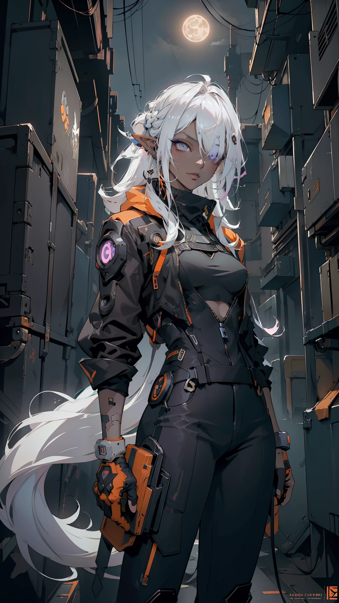 ((masterpiece )), (top quality), (best quality), ((ultra-detailed, 8k quality)), Aesthetics, Cinematic lighting, (detailed line art), absurdres, (best composition), (high-resolution), (zentangle, mandala, tangle, entangle), (fractal art:1.3), 
BREAK,
cyberpunk dark elf woman tech wear uniform, white and yellow techwear clothing, yellow and black safety tapes, Simon Bisley style. orange jacket, industrial setting, cables and pipes, ventilation ducts, ((( orange cr ))), ((adult face)), abandoned building, Dynamic pose, neon-lit cyberpunk cityscape, dark atmosphere, ((full moon sky)), (dark night Background), artstation, concept art, illustration in cyberpunk style by Yoji Shinkawa, by Mikimoto Haruhiko, 
BREAK,
highly detailed of (dark elf), (1girl), solo, perfect face, details eye, ahoge, ((long hair:1.2)), (hair over one eye:1.3), [[Messy hair]], shiny blonde white hair, violet eyes, multicolored eyes, multicolored hair, glowing eyes, bright pupils, facial marks, (eyelashes, eyeshadow, pink eyeshadow), smile, design art by Mikimoto Haruhiko, by Kawacy, By Yoshitaka Amano,
BREAK, 
((perfect anatomy)), nice body, medium breast, (extremely detailed finger), best hands, perfect face, beautiful face, beautiful eyes, perfect eyes, (perfect fingers), correct anatomy, ((dark skin:1.2)),