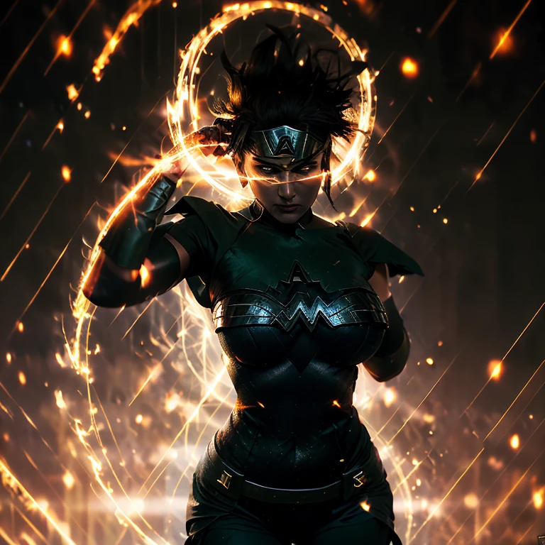 A powerful Green Lantern emblem glows brightly on Wonder Woman's chest, her strong arms crossed in front of her, expressing determination and confidence. With her iconic red, blue, and golden outfit clinging tightly to her curvaceous figure, her big  accentuated by the revealing design, she exudes an aura of strength and allure. The intricate details of her armor catch the spotlight in this cinematic shot, the hdr lighting lighting up her heroic features with vibrant colors, making for a stunning and captivating scene.