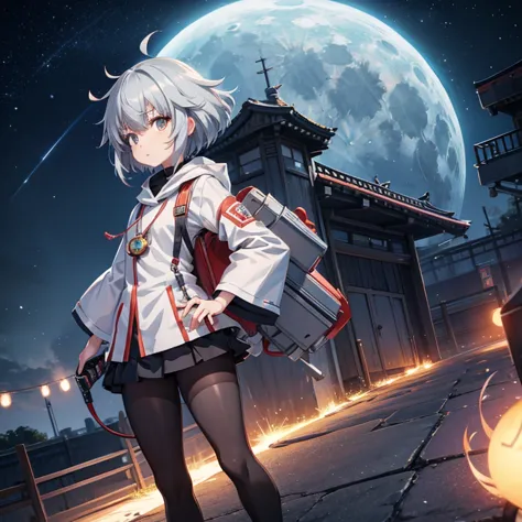 anime, giant moon, electronic circuit, gray hair (bangs), short cut, (miko girl),katana, kyoto animation style, witstudio style,...