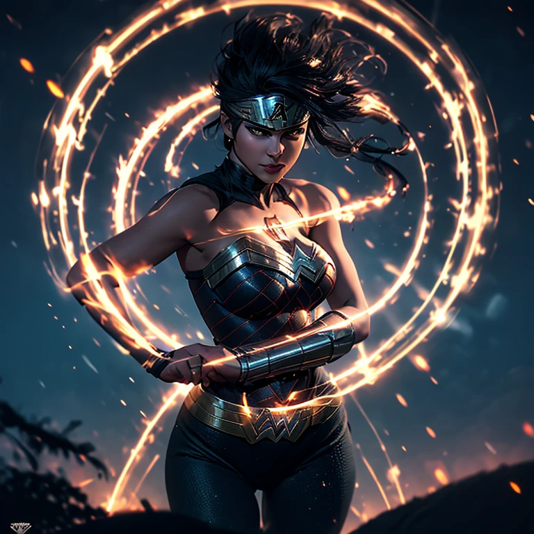 A powerful Green Lantern emblem glows brightly on Wonder Woman's chest, her strong arms crossed in front of her, expressing determination and confidence. With her iconic red, blue, and golden outfit clinging tightly to her curvaceous figure, her big  accentuated by the revealing design, she exudes an aura of strength and allure. The intricate details of her armor catch the spotlight in this cinematic shot, the hdr lighting lighting up her heroic features with vibrant colors, making for a stunning and captivating scene.