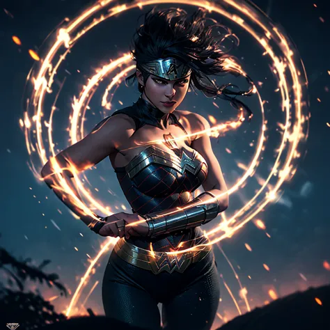 a powerful green lantern emblem glows brightly on wonder woman's chest, her strong arms crossed in front of her, expressing dete...