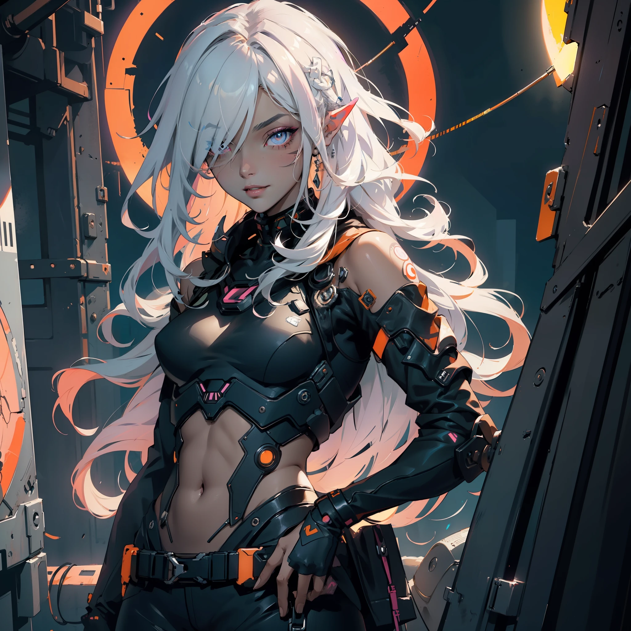 ((masterpiece )), (top quality), (best quality), ((ultra-detailed, 8k quality)), Aesthetics, Cinematic lighting, (detailed line art), absurdres, (best composition), (high-resolution), (zentangle, mandala, tangle, entangle), (fractal art:1.3), 
BREAK,
cyberpunk dark elf woman tech wear uniform, white and yellow techwear clothing, yellow and black safety tapes, Simon Bisley style. orange jacket, industrial setting, cables and pipes, ventilation ducts, ((( orange cr ))), ((adult face)), abandoned building, Dynamic pose, neon-lit cyberpunk cityscape, dark atmosphere, ((full moon sky)), (dark night Background), artstation, concept art, illustration in cyberpunk style by Yoji Shinkawa, by Mikimoto Haruhiko, 
BREAK,
highly detailed of (dark elf), (1girl), solo, perfect face, details eye, ahoge, ((long hair:1.2)), (hair over one eye:1.3), [[Messy hair]], shiny blonde white hair, violet eyes, multicolored eyes, multicolored hair, glowing eyes, bright pupils, facial marks, (eyelashes, eyeshadow, pink eyeshadow), smile, design art by Mikimoto Haruhiko, by Kawacy, By Yoshitaka Amano,
BREAK, 
((perfect anatomy)), nice body, medium breast, (extremely detailed finger), best hands, perfect face, beautiful face, beautiful eyes, perfect eyes, (perfect fingers), correct anatomy, ((dark skin:1.2)),