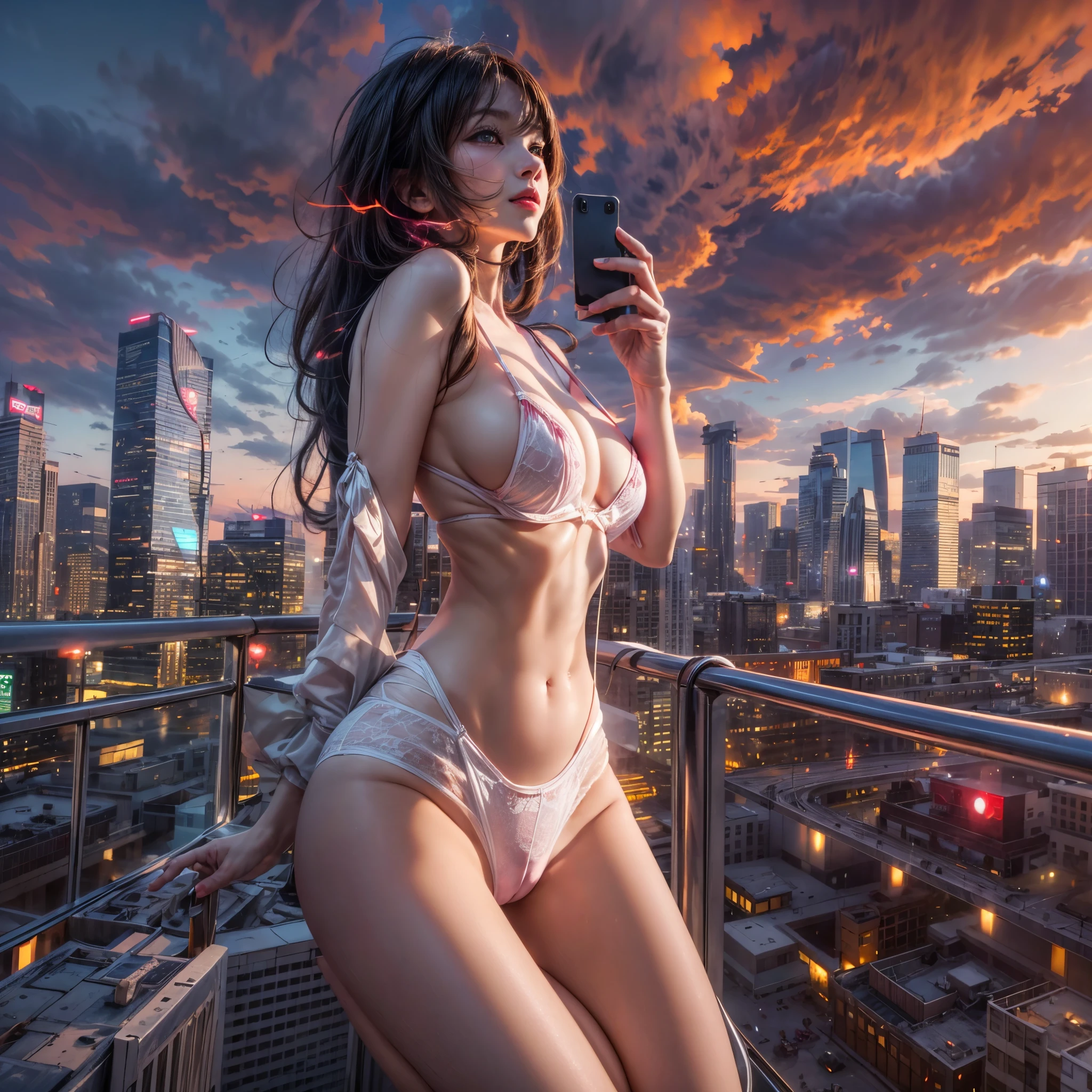 Sexy asian woman in lingerie taking a selfie on a rooftop SeaArt AI