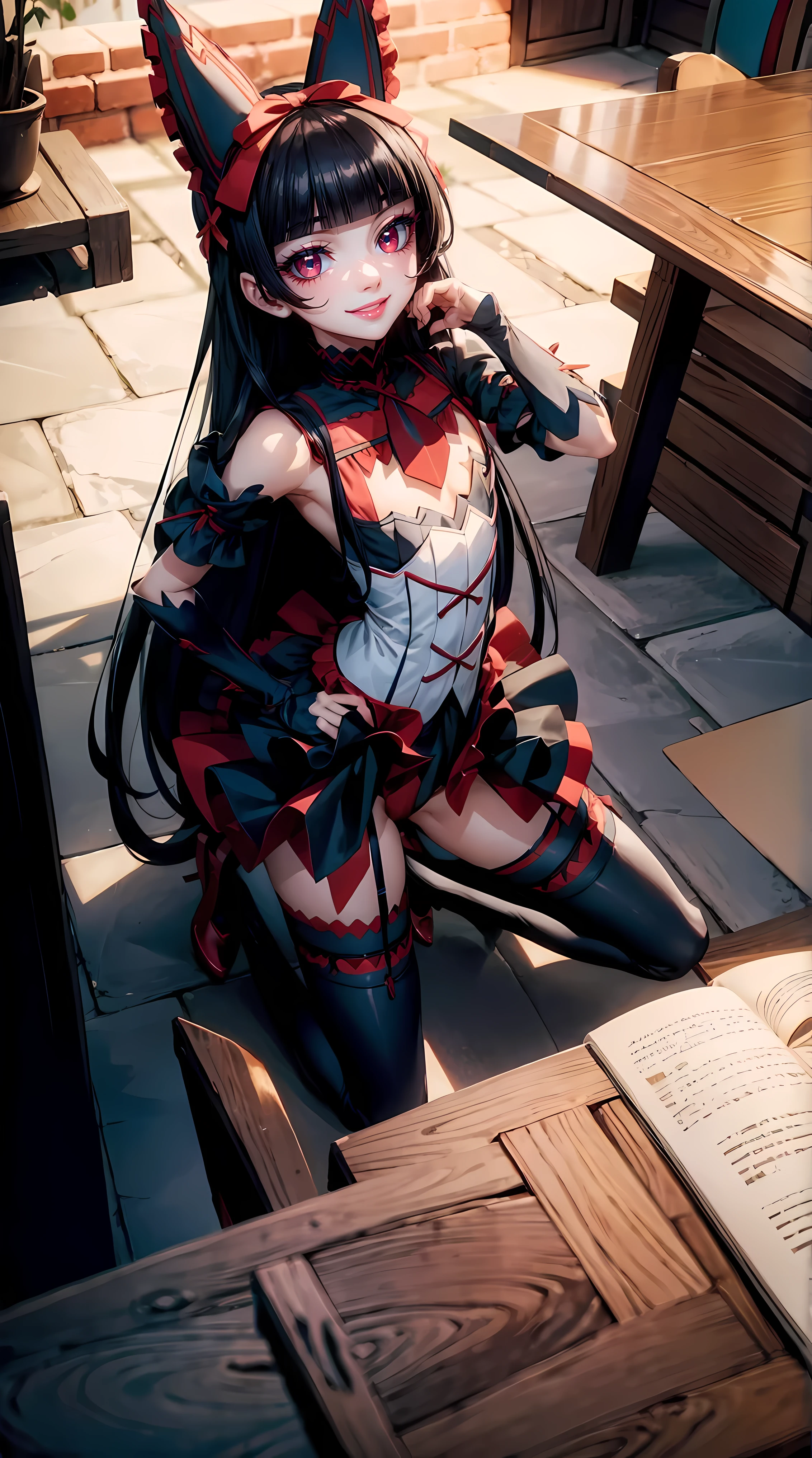 Anime - style girl in a red and black outfit sitting on a table - SeaArt AI