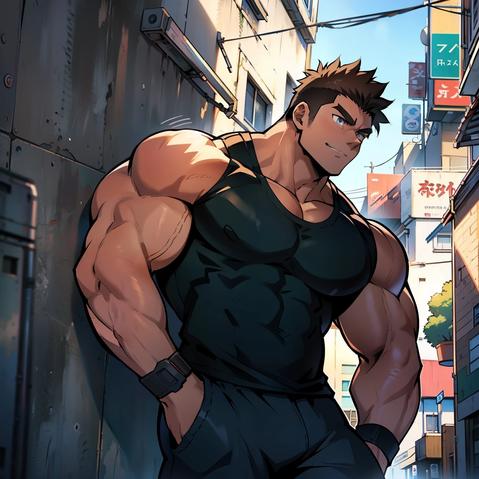((Anime style art)), Extremely muscular masculine character, bodybuilder body, wearing a sleeveless V-neck shirt, hands raised at neck level, The character is leaning against a wall. Pockets, Futuristic cityscape, Busy route, Buildings, person
AS & Vehicles. Main character from the anime, Nice image, Hard drive, 4k, Main character leaning against a wall with his hands at face level.
