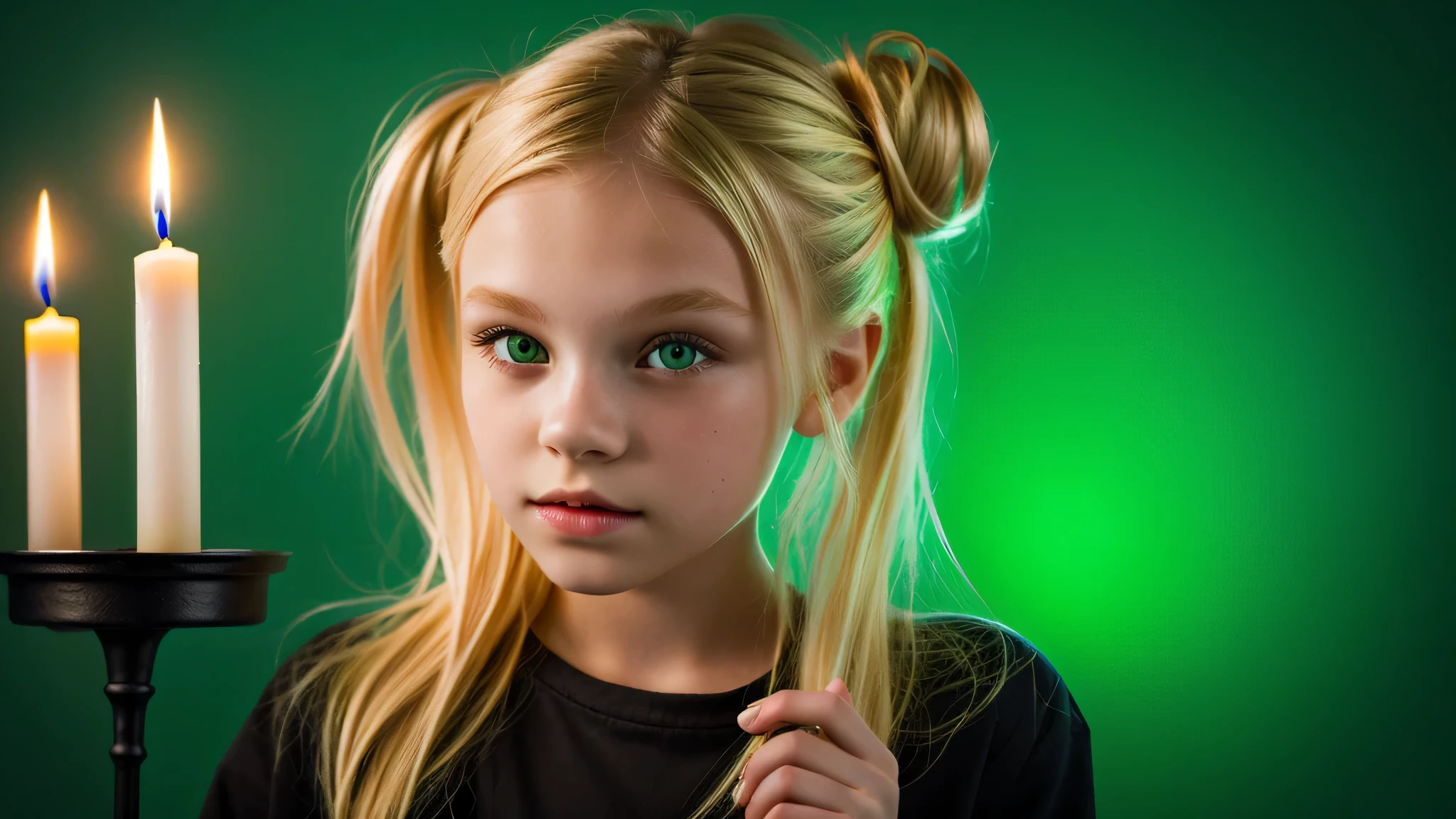 KIDS GIRL vampire blonde HAIR BUN green clothes. and candles, green light candles., GREEN BACKGROUND banished of sin