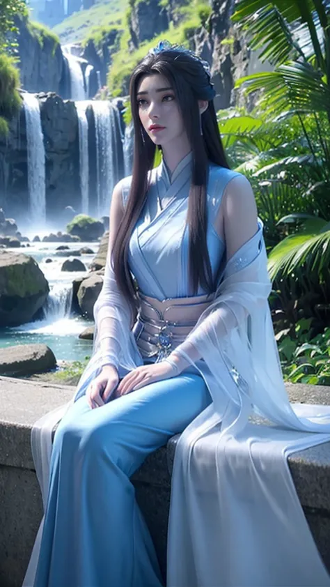 Alafid woman in blue dress sitting on rocks near waterfall, beautiful fantasy queen, fantasy art style, beautiful fantasy girl, ...