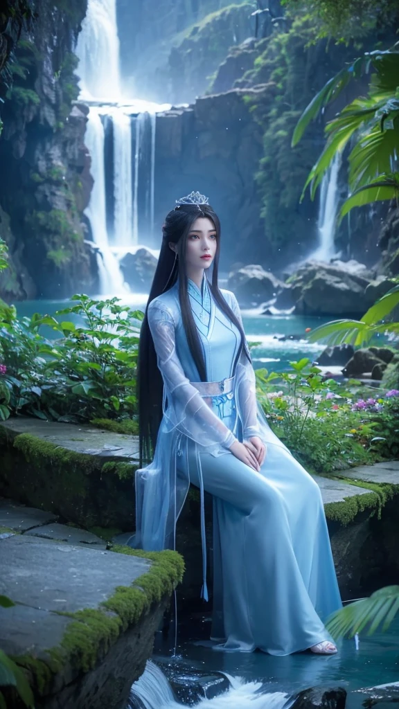 Mulher Alafid de vestido azul sentada nas pedras perto da cachoeira, linda rainha da fantasia, Estilo de arte de fantasia, Linda garota de fantasia, ((linda rainha da fantasia)), garota linda, Fantasia Xianxia, Fada linda e elegante, Top model chinesa muito bonita, bela arte de fantasia, xianxia de corpo inteiro, mulher fantasia, Fantasia Etérea, Beleza Fantasia