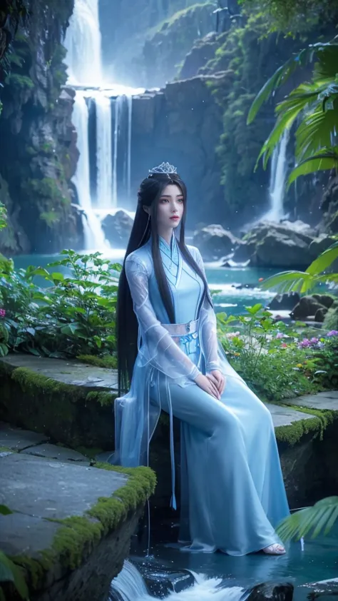 Alafid woman in blue dress sitting on rocks near waterfall, beautiful fantasy queen, fantasy art style, beautiful fantasy girl, ...