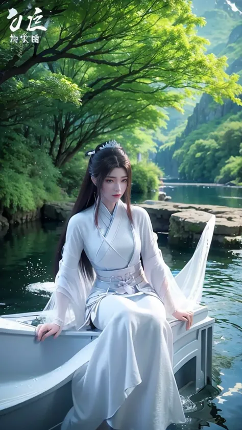 Anime girl wearing white dress sitting on boat in water, Queen of the Sea Mu Yanling, full body xianxia, g liulian art style, 2....