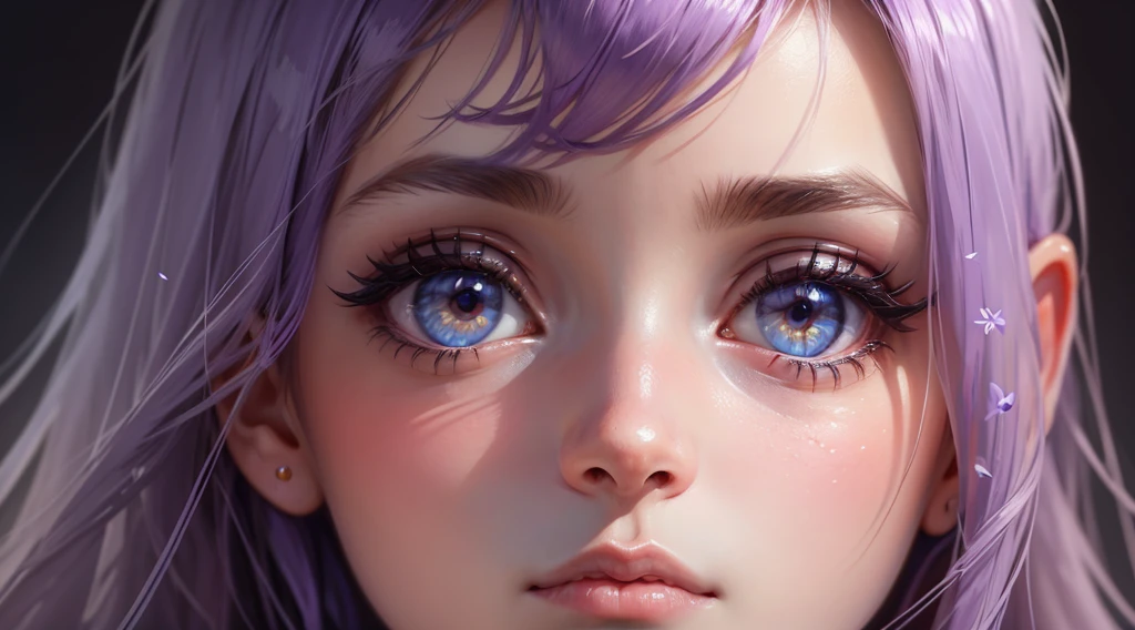  une fille, regard cristallin, worried, Cheveux violets, Cheveux longs, yeux brillants, fond d&#39;, fond ambiant sombre,  (illustration), (high resolution), (8K), (very detailed), (Best illustration), (Beautiful detailed eyes), (best quality), (super detailed)