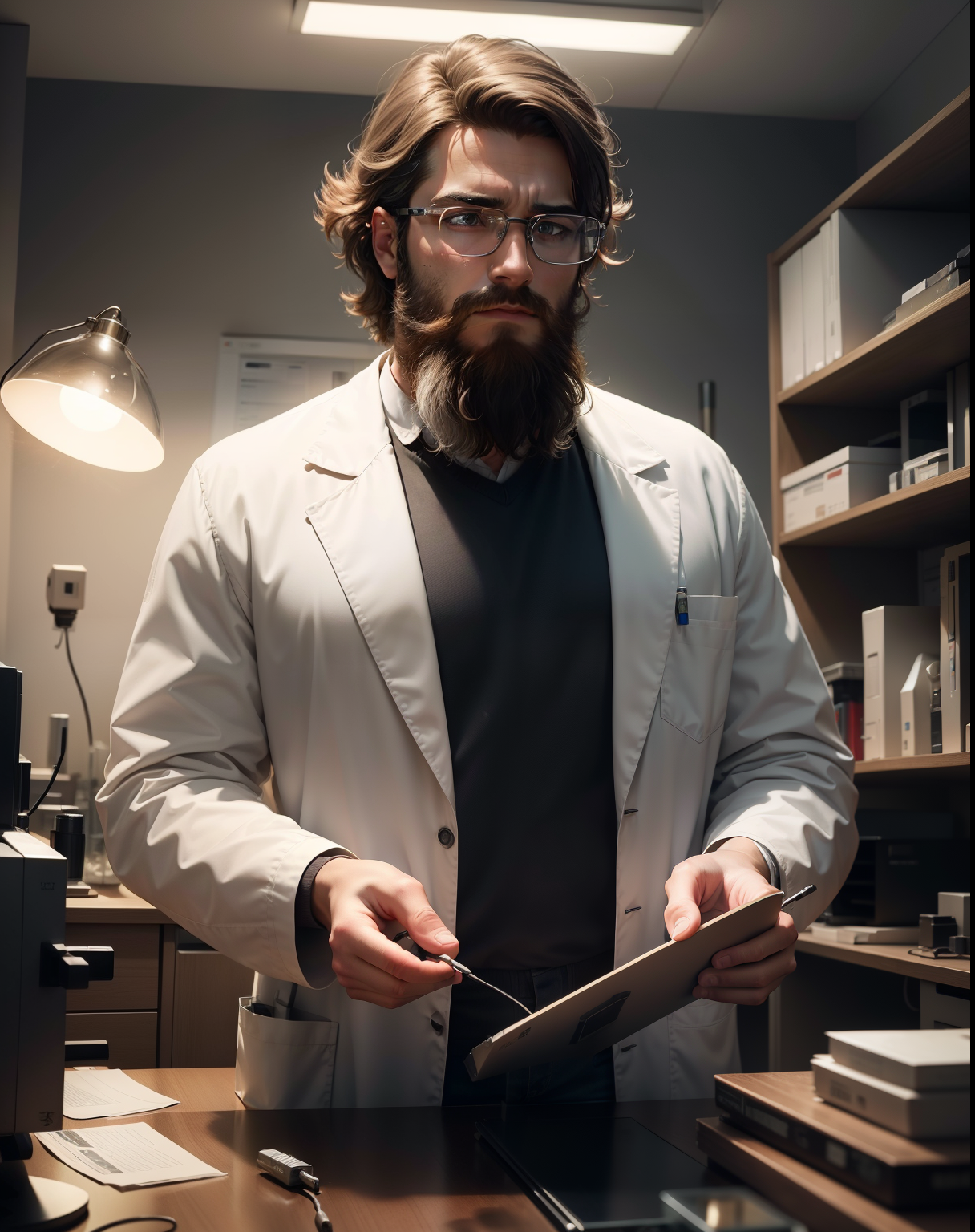 In the best quality image, a young scientist with a beard is captivated by the mysteries of the universe, working in a state-of-the-art laboratory. The scene is rendered in 4k, 8k, or high-resolution with a masterpiece level of detail (1.2). The Scientist's focused expression and pensive look are highlighted under the warm, realistic, or photorealistic (1.37) light of a lamp. Deep of field.

The background reveals a modern and well-equipped setup filled with lab equipment, experiments, and a multitude of scientific papers and journals neatly stacked on shelves. The scientist is wearing a white coat