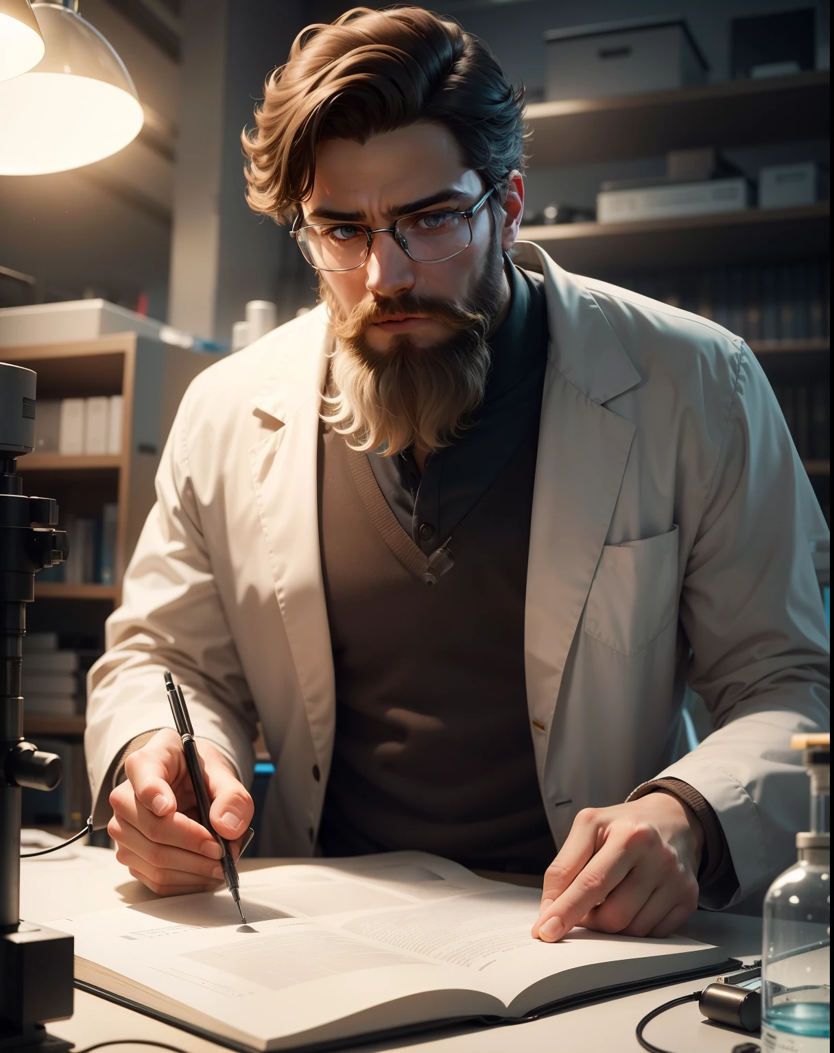 In the best quality image, a young scientist with a beard is captivated by the mysteries of the universe, working in a state-of-the-art laboratory. The scene is rendered in 4k, 8k, or high-resolution with a masterpiece level of detail (1.2). The Scientist's focused expression and pensive look are highlighted under the warm, realistic, or photorealistic (1.37) light of a lamp. Deep of field.

The background reveals a modern and well-equipped setup filled with lab equipment, experiments, and a multitude of scientific papers and journals neatly stacked on shelves. The scientist is wearing a white coat