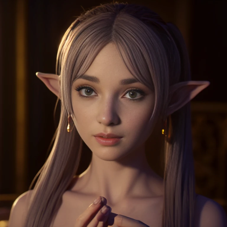 An elf girl,Double ponytail gray hair, small breast, naked,green eyes,parted bangs,thick eyebrows,beautiful Finger,beautiful character design, official art,Extremely detailed CG unification, perfect lighting,rich and colorful, (the best_quality:1.0), 超high resolution,Super detailed,  high resolution, lens flare, (beautiful_Face:1.5),on the table,the bestquality, wizard wand,Medieval cityscape