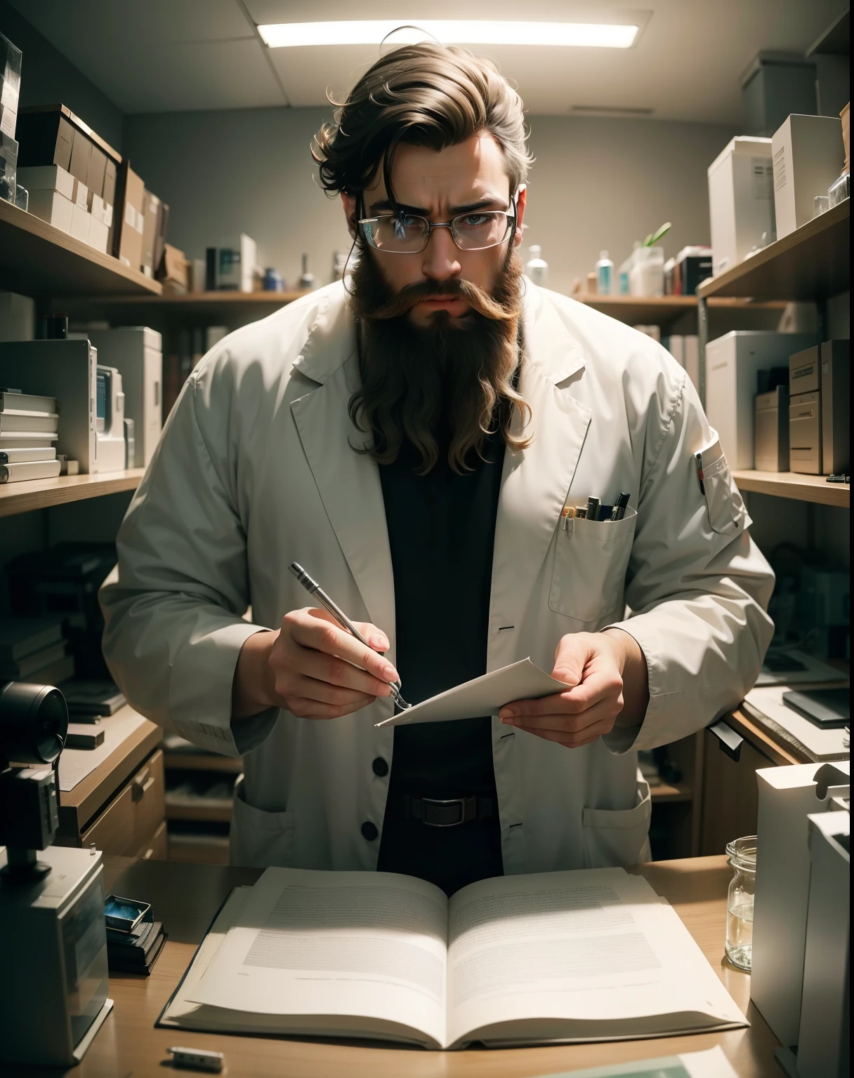 In the best quality image, a young scientist with a beard is captivated by the mysteries of the universe, working in a state-of-the-art laboratory. The scene is rendered in 4k, 8k, or high-resolution with a masterpiece level of detail (1.2). The Scientist's focused expression and pensive look are highlighted under the warm, realistic, or photorealistic (1.37) light of a lamp. Deep of field.

The background reveals a modern and well-equipped setup filled with lab equipment, experiments, and a multitude of scientific papers and journals neatly stacked on shelves. The scientist is wearing a white coat