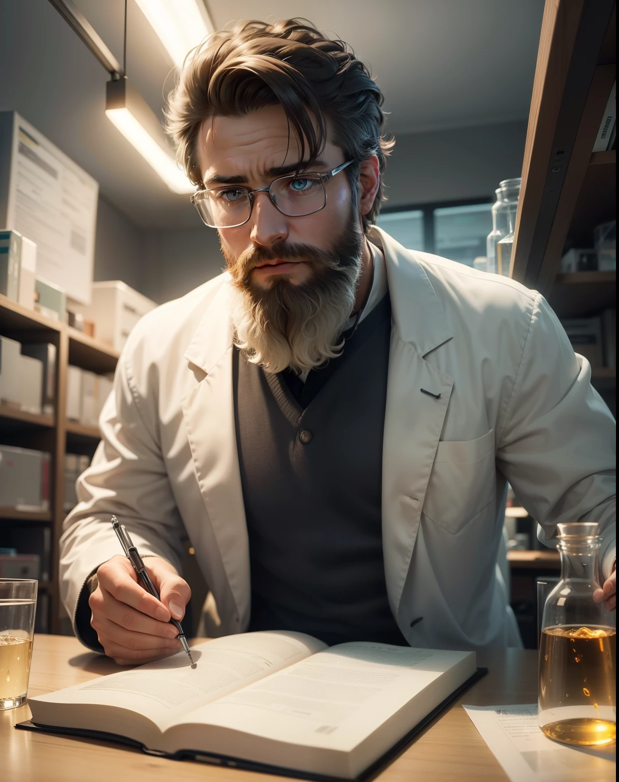 In the best quality image, a young scientist with a beard is captivated by the mysteries of the universe, working in a state-of-the-art laboratory. The scene is rendered in 4k, 8k, or high-resolution with a masterpiece level of detail (1.2). The Scientist's focused expression and pensive look are highlighted under the warm, realistic, or photorealistic (1.37) light of a lamp. Deep of field.

The background reveals a modern and well-equipped setup filled with lab equipment, experiments, and a multitude of scientific papers and journals neatly stacked on shelves. The scientist is wearing a white coat