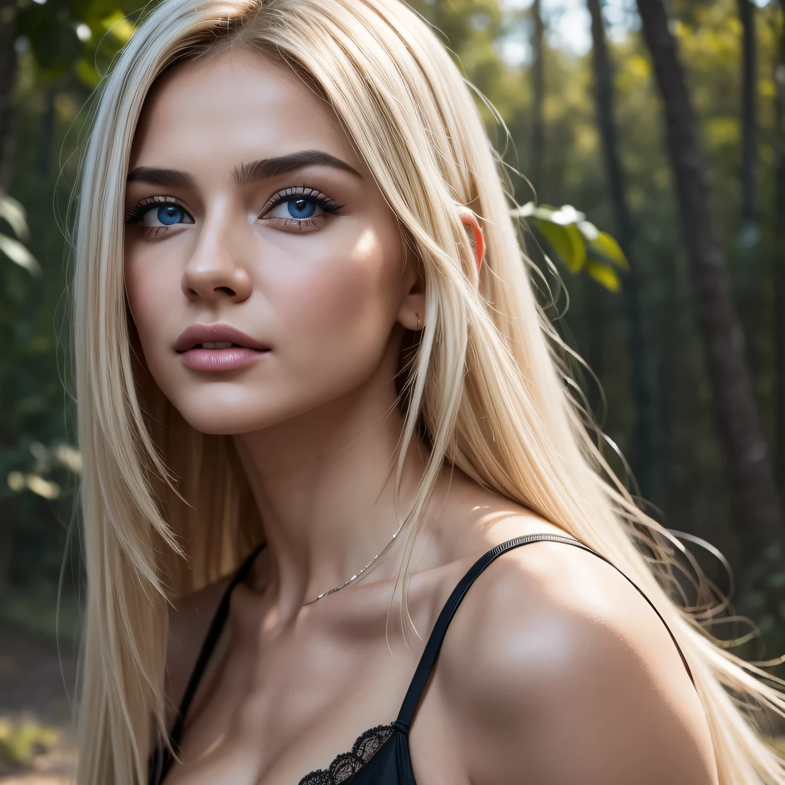 Blond woman with blue eyes and long blond hair posing in the woods - SeaArt  AI