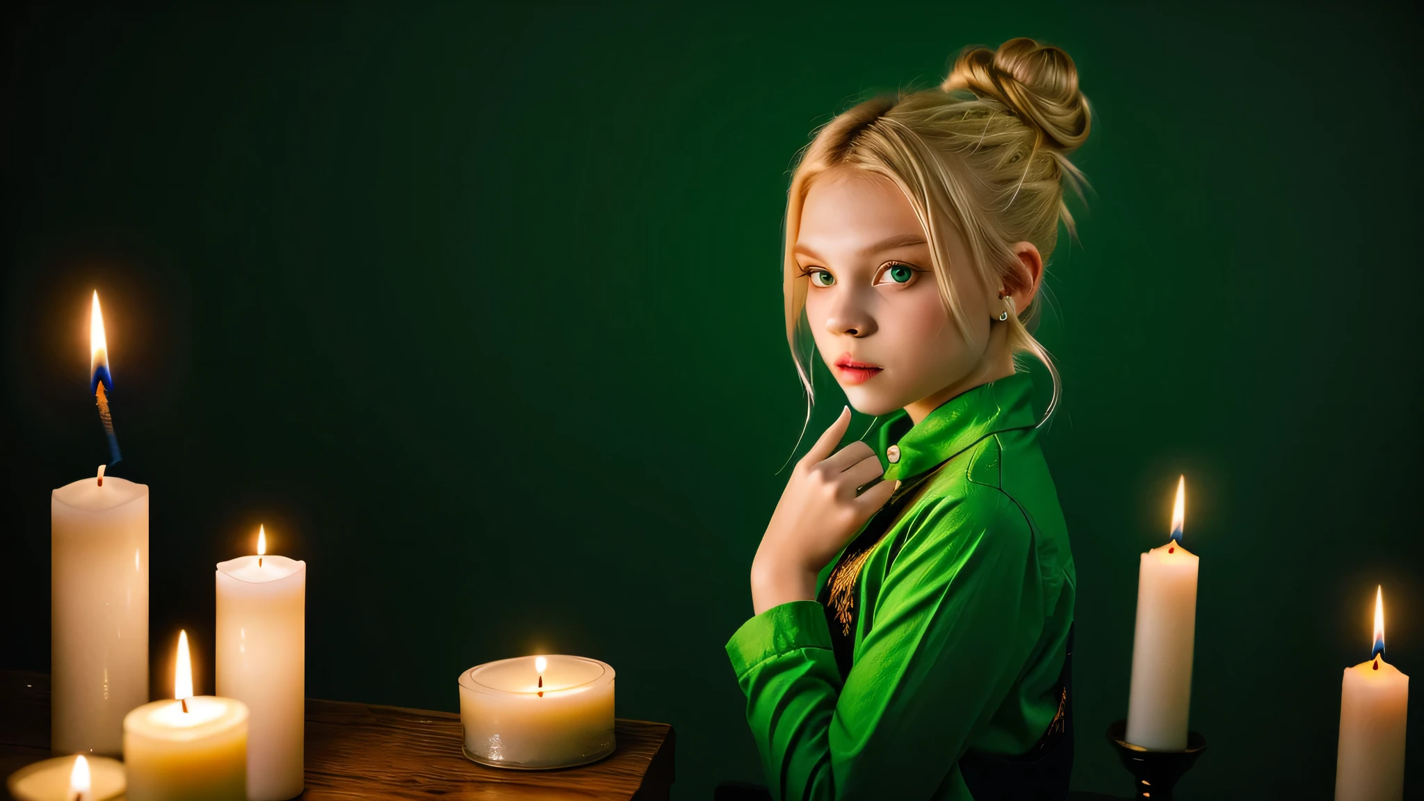 NIÑOS NIÑA vampiro rubio PELO MOÑO ropa verde. y velas, velas de luz verde., FONDO VERDE desterrado del pecado