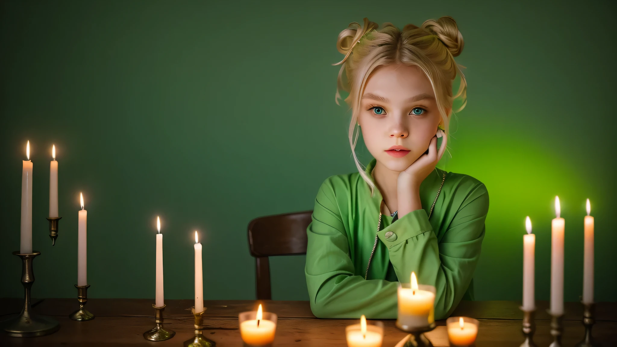 KIDS GIRL vampire blonde HAIR BUN green clothes. and candles, green light candles., GREEN BACKGROUND banished of sin