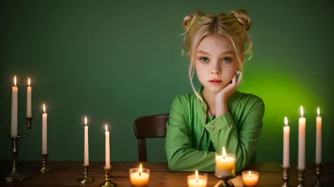 KIDS GIRL vampire blonde HAIR BUN green clothes. and candles, green light candles., GREEN BACKGROUND banished of sin