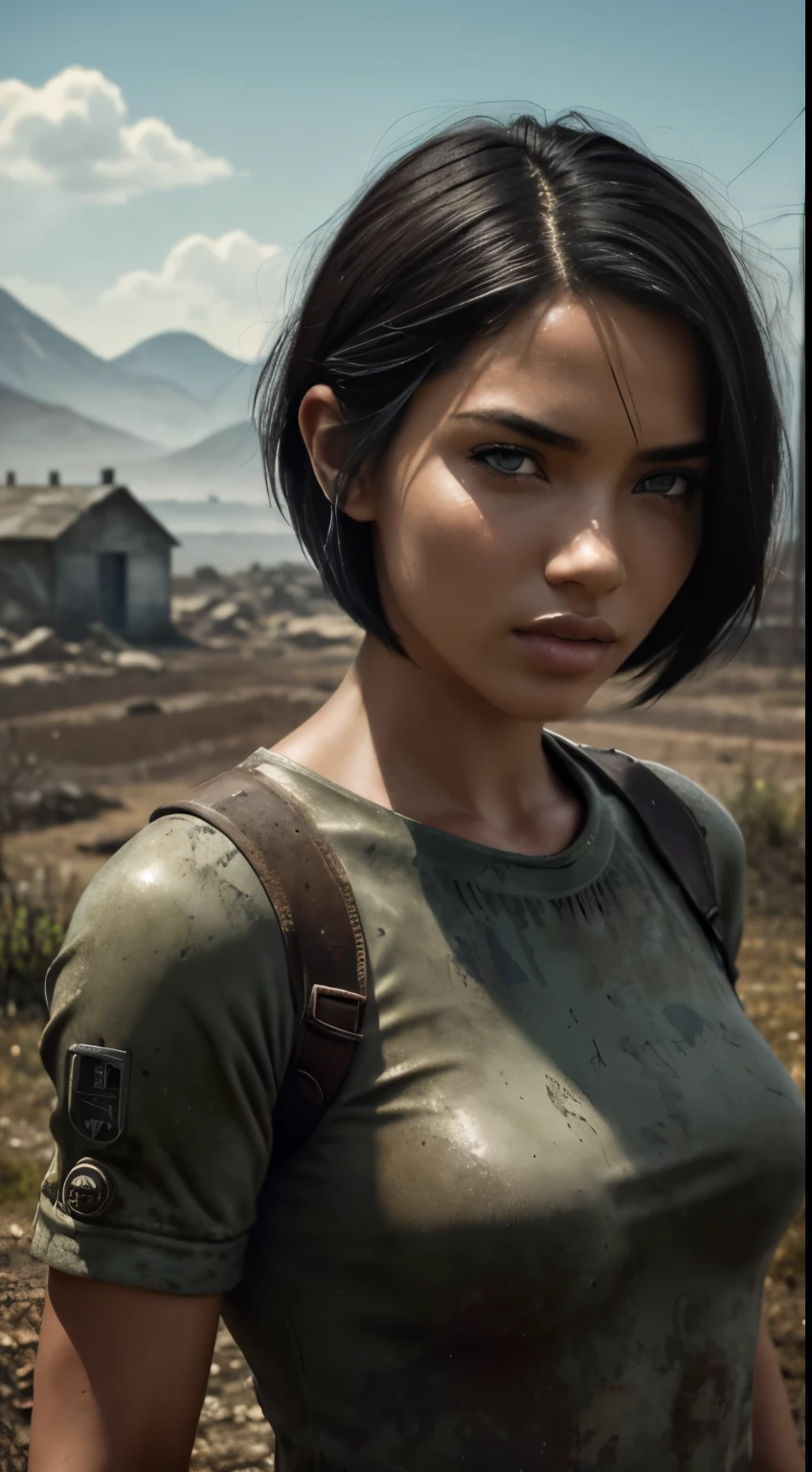 Foto hiperrealista en primer plano de Adriana Lima (short hair, bob cut), masterpiece, best quality, (photorealistic:1.4),  Create dystopian masterpieces. Depict a rural landscape in the rugged style of the game's concept art. This work should evoke a sense of abandonment and despair in a futuristic, post-apocalyptic world. Notice the intricacies of detail, the sharp focus.