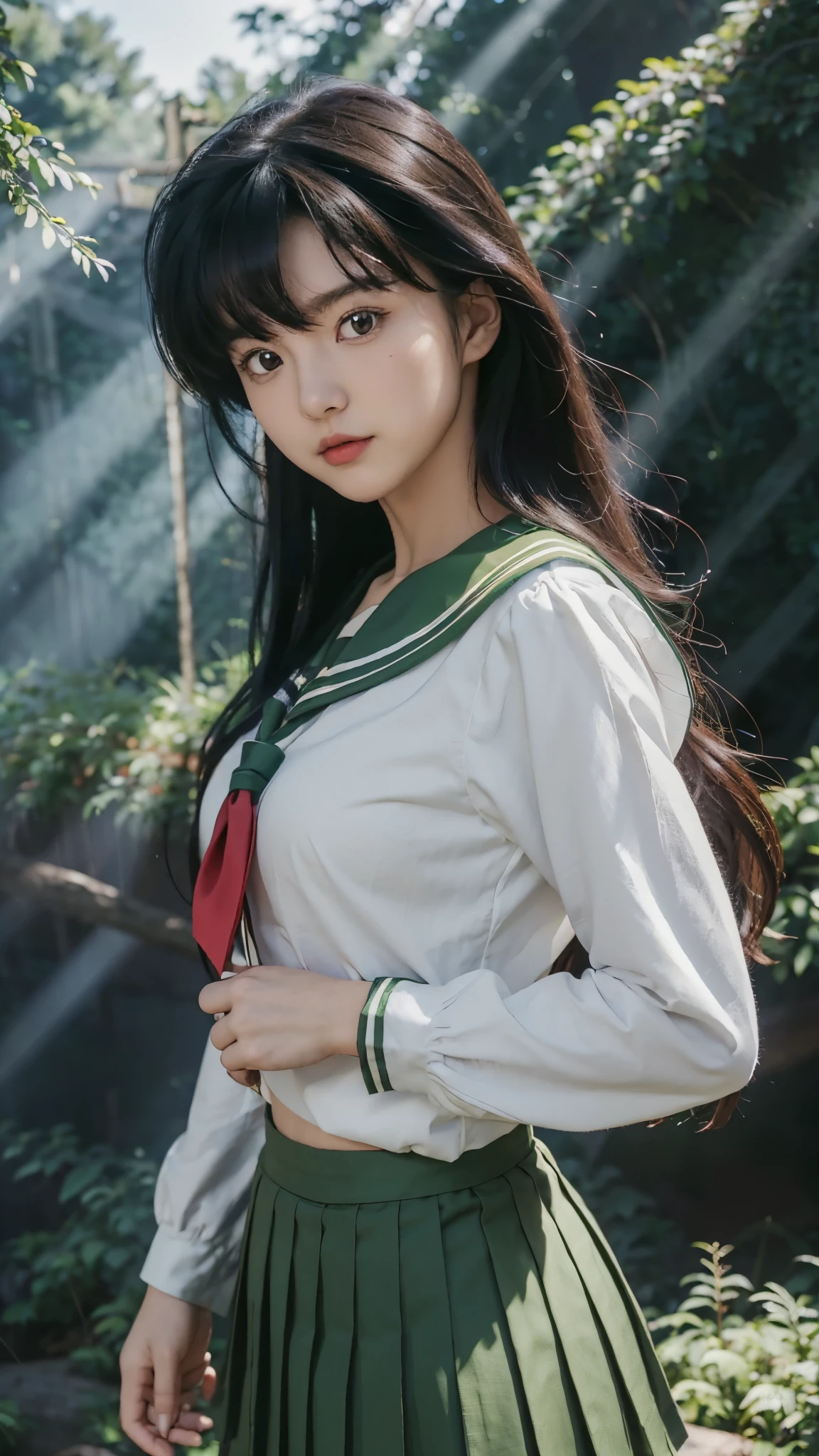 masterpiece, best quality, upper body of kagome, 1girl, solo, long_hair, , black_hair, _brown_eyes,  school_uniform, cowboy_shot, pleated_skirt, sailor_collar, neckerchief, green_skirt, long_sleeve, multiple poses, ((forest, big tree background:1.1)) (((natural light)))