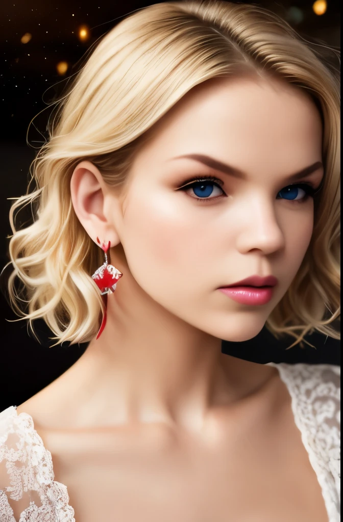 1girl, beautiful blond woman, short hair, blonde hair, simple background, jewelry, upper body, white hair, earrings, frills, parted lips, lips, lace, realistic, wonderful, flowing, sharp focus, beautiful, epic composition, refined, sovereign, creative, winning, perfect, pretty, attractive, singular, romantic, cinematic, complex, thought, extremely, focused, graceful, light, extremely coherent