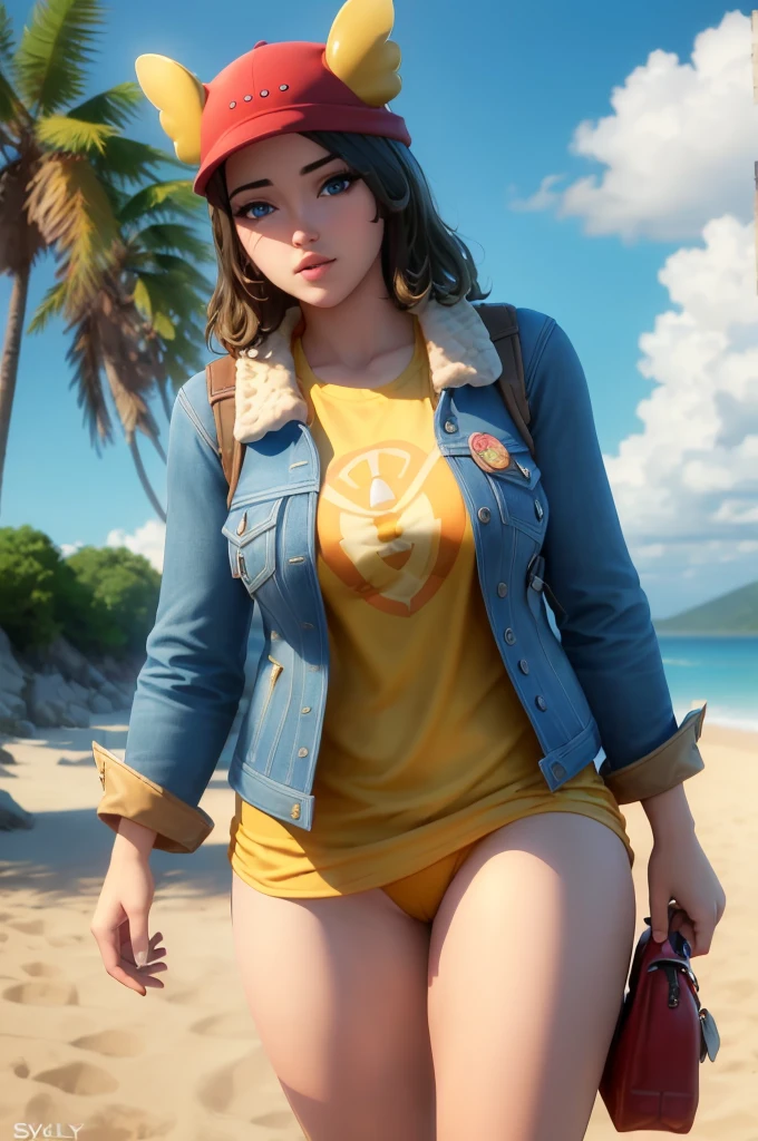 (4k, best quality, masterpiece:1.2), (realistic, photo-realistic:1.37),skye , on a beach, , , yellow long shirt, blue eyes , thick things, aroused, horny, cum, red hat, standing, naked, jacket