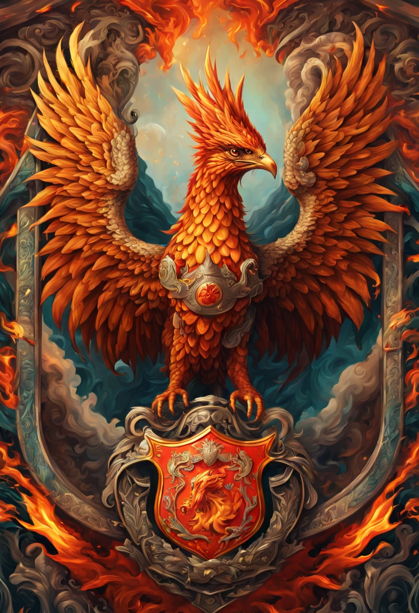 "(best quality,highres),intricate,beautiful phoenix bird and fanged snake battle shield with coat of arms,fire in the background,(maximalist,trending on Artstation),(hyperdetailed:1.1) composition,highly detailed fiery background,exquisite craftsmanship,richly decorated,eye-catching color palette,mesmerizing design,impressive scale,vivid colors,sharp focus"