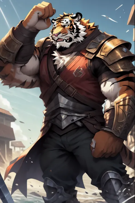 a burly one, furry tiger，Rich chest muscles，full body portrait,wearing armor,Sword on waist,Shoulders with pauldrons,There are armpits on the hands too,On the war zone,(Glaring ahead),The environment is harsh,The weather is gloomy