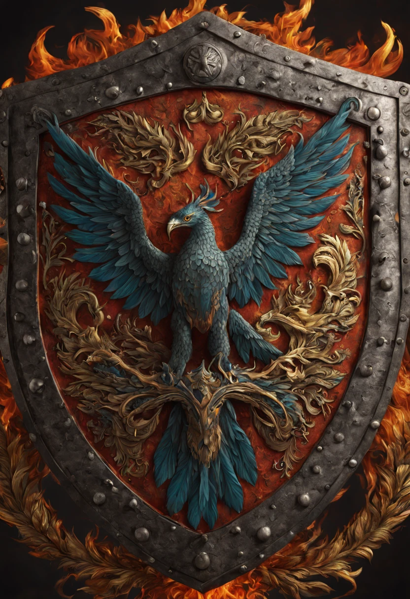 "(best quality,highres),intricate,beautiful phoenix bird and fanged snake battle shield with coat of arms,fire in the background,(maximalist,trending on Artstation),(hyperdetailed:1.1) composition,highly detailed fiery background,exquisite craftsmanship,richly decorated,eye-catching color palette,mesmerizing design,impressive scale,vivid colors,sharp focus"