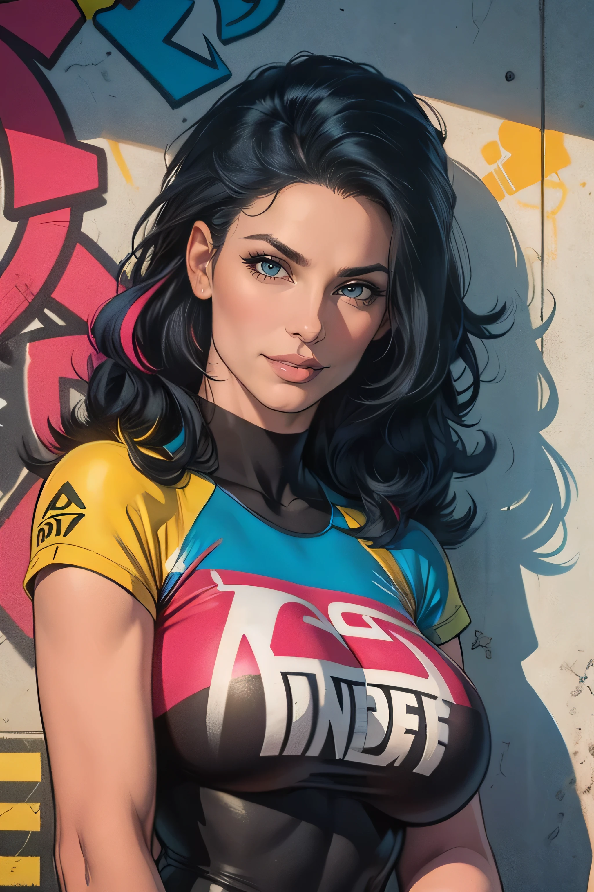 (best quality), masterpiece, extremely detailed CG uniform 8K illustration, high color, extremely high color saturation, all colors deepened, paint, graffiti art, center composition, extremely detailed light and shadow, graffiti wall, wall painted bright, 1 girl graffiti 1 girl looking at the wall, extremely detailed face and eyes, medium length hair, sportswear, colored clouds
