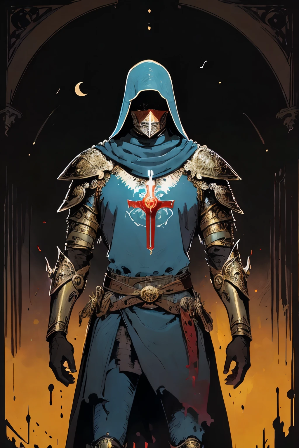 (masterpiece, best quality;1.3), 1man, female focused, young, mature and tall, crusader, colorful and elegant armor,male_focus, bow, solo, looking at viewer, calligraphy characters, symmetrical composition, long shadow, cloody moon,blood splash, ultra details,no eyes, hood, concrete face, (action shot),