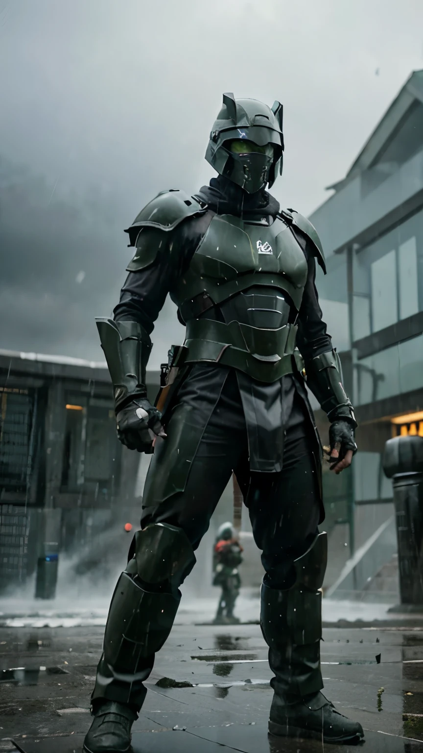 Epic futuristic spartan, standing on a battlefield, heavy rain, cinematic, masked
