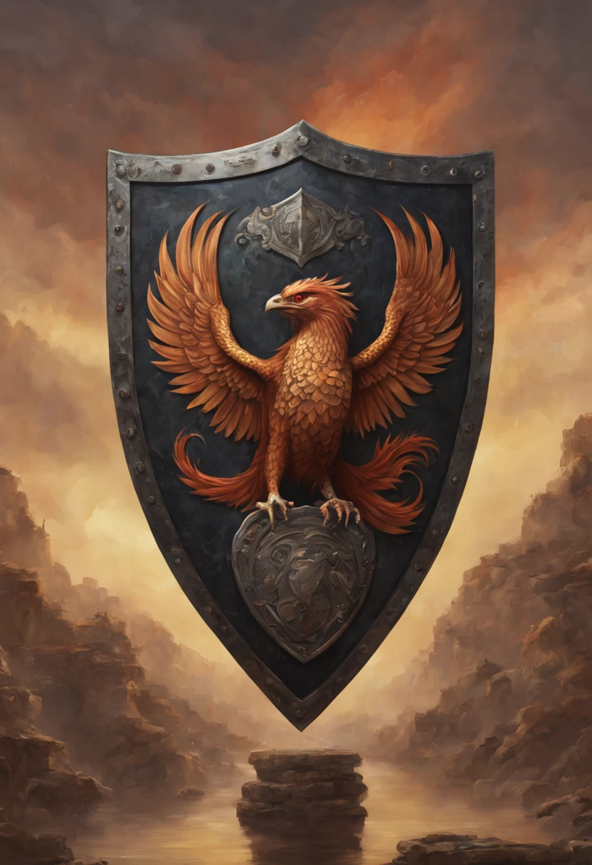 "(best quality,4k,highres,masterpiece:1.2),ultra-detailed,(realistic,photorealistic,photo-realistic:1.37),medium:oil painting", "battle (Shield:1.5) with coat of arms", "intricate design",(fierce,ferocious) phoenix bird with flaming feathers, (sinister,menacing) fanged snake theme, "dynamic composition", "glowing fire in the background", "trending on Artstation", "maximalist style", "rich and vibrant colors", "exquisite detailing in every element", "striking contrast between the phoenix and the snake", "impressive shading and texture", "attention to every intricate pattern and texture", "captivating mix of ancient and modern aesthetics", "ornate and elaborate motifs", "perfect balance between realism and artistic expression", "stunning depth and dimension", "symbol of power and rebirth", "meticulous craftsmanship","impressive level of intricacy and precision","majestic and awe-inspiring presence","highly sought-after collectible","impressive display of artistic skill".