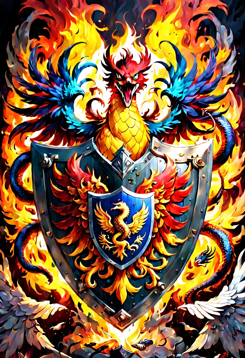 "(best quality,highres),intricate,beautiful phoenix bird and fanged snake battle shield with coat of arms,fire in the background,(maximalist,trending on Artstation),(hyperdetailed:1.1) composition,highly detailed fiery background,exquisite craftsmanship,richly decorated,eye-catching color palette,mesmerizing design,impressive scale,vivid colors,sharp focus"