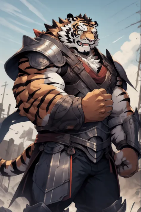 a burly one, furry tiger，Rich chest muscles，full body portrait,wearing armor,(Sword on waist),Shoulders with pauldrons,There are armpits on the hands too,On the war zone,(Glaring ahead),The environment is harsh,The weather is gloomy