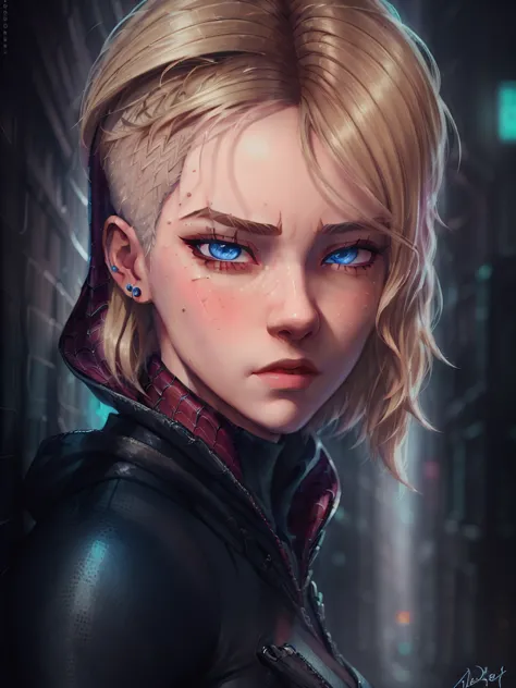 ((masterpiece)), (cinematic lighting), a close-up, beautiful stylized illustration of gwen_stacy, with a sidecut, asymetrical bl...