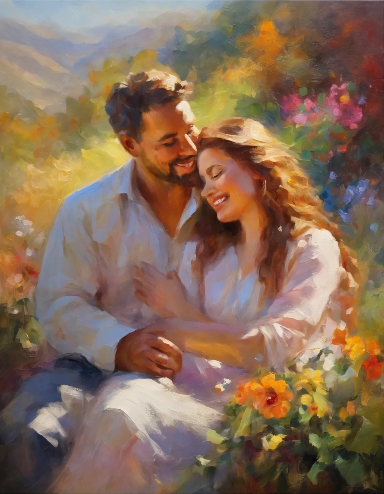 Painting of a man and woman sitting in a garden together - SeaArt AI