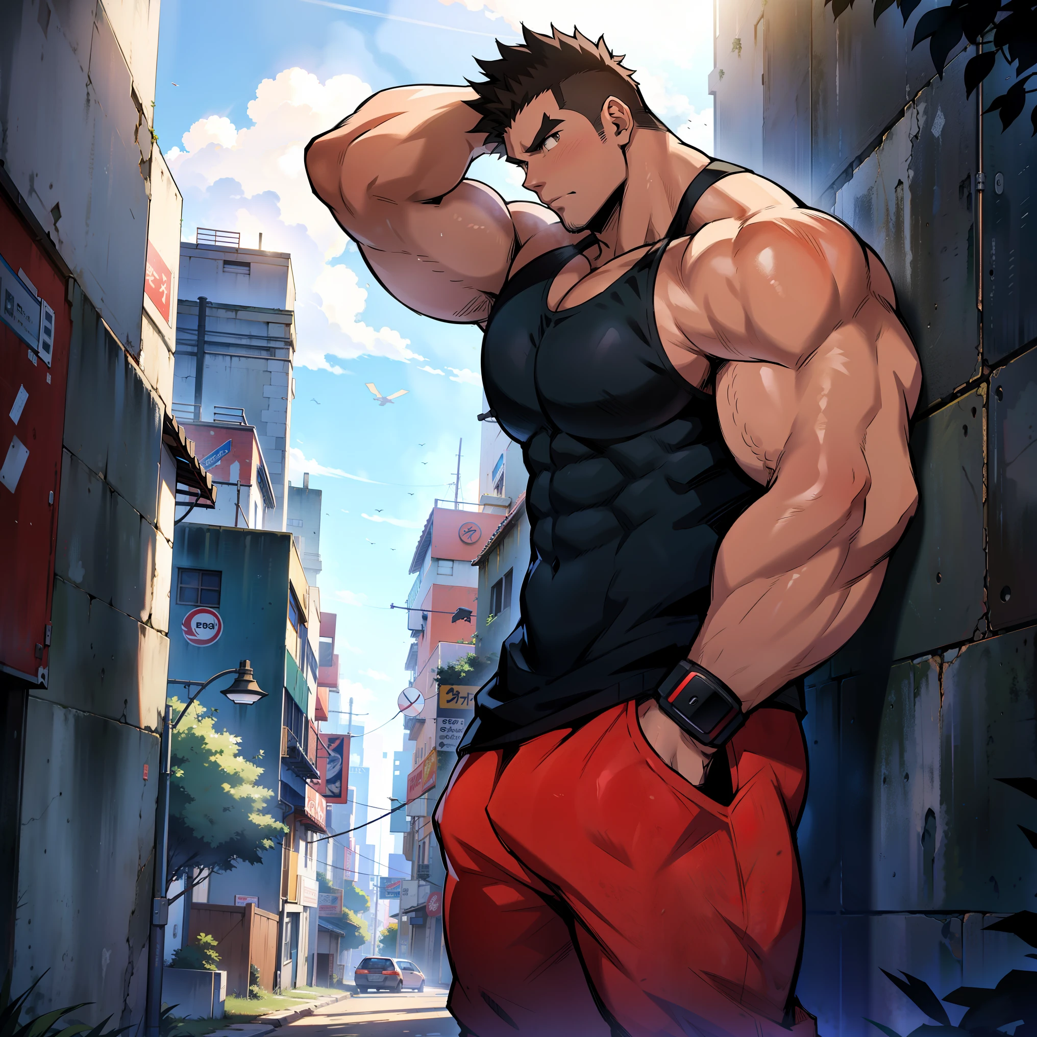 A close up of a man with a muscular body standing in a narrow alley -  SeaArt AI