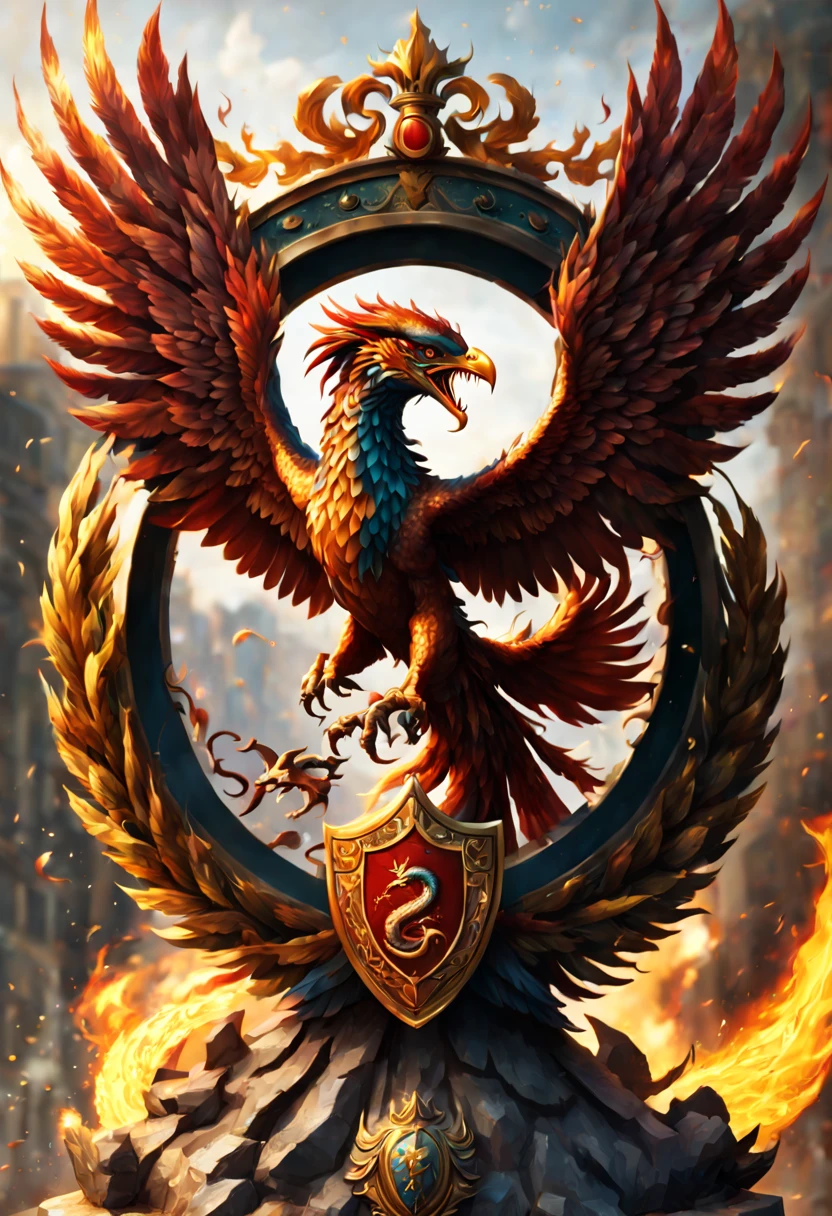 "(best quality,highres),intricate,beautiful phoenix bird and fanged snake battle shield with coat of arms,fire in the background,(maximalist,trending on Artstation),(hyperdetailed:1.1) composition,highly detailed fiery background,exquisite craftsmanship,richly decorated,eye-catching color palette,mesmerizing design,impressive scale,vivid colors,sharp focus"