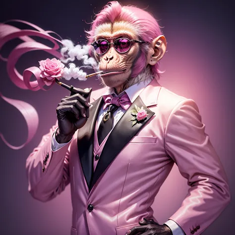 (((vector art of a realistic monkey smoking a cigarette, vestindo um smoking rosa, elegante, com jóias e de óculos escuros))), f...