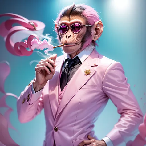 (((vector art of a realistic monkey smoking a cigarette, vestindo um smoking rosa, elegante, com jóias e de óculos escuros))), f...