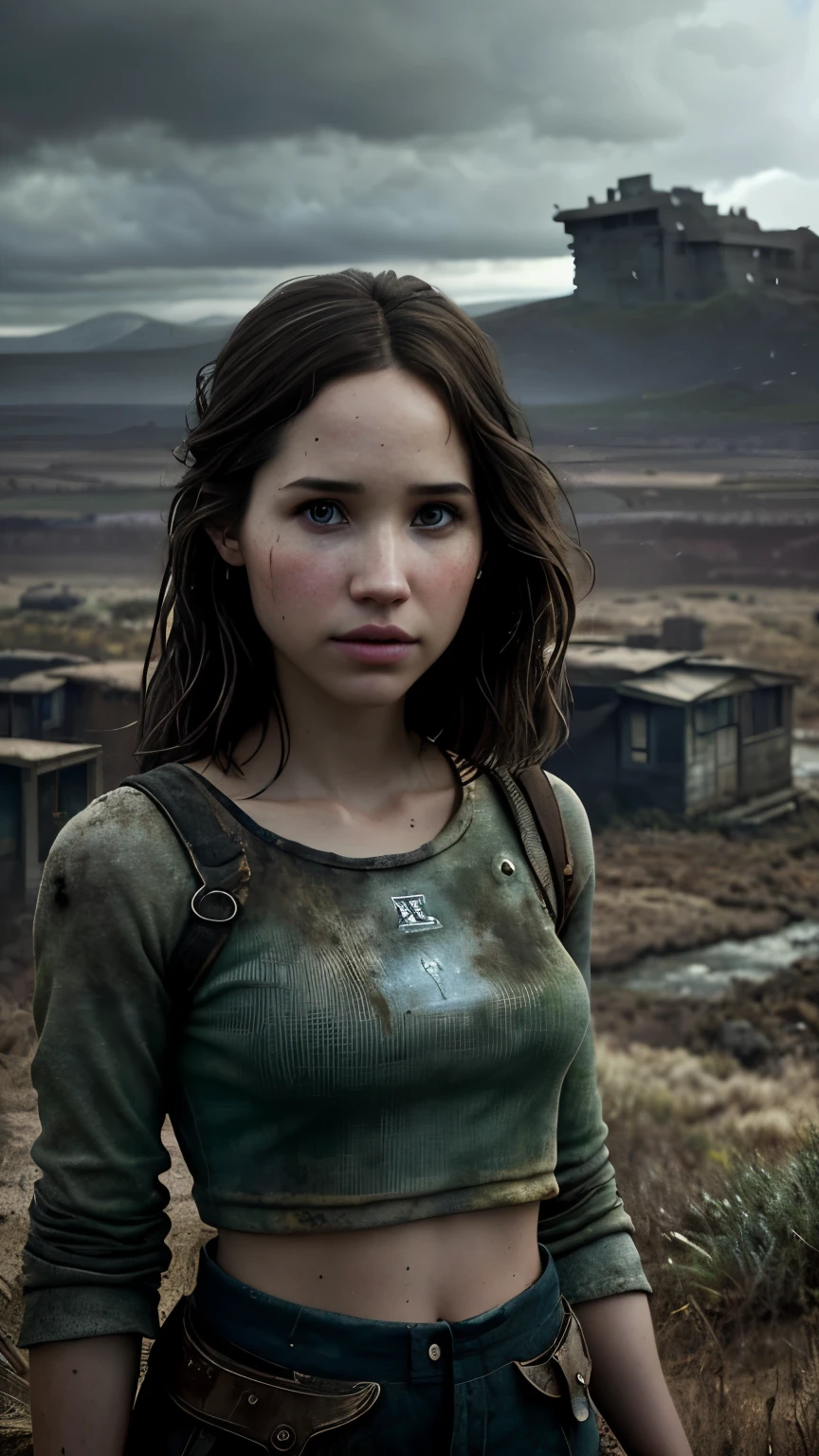 Foto hiperrealista en primer plano de Kelsey Asbille, Create dystopian masterpieces. Depict a rural landscape in the rugged style of the game's concept art. This work should evoke a sense of abandonment and despair in a futuristic, post-apocalyptic world. Notice the intricacies of detail, the sharp focus.