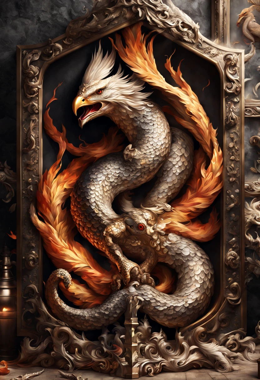 "(best quality,highres),intricate,beautiful phoenix bird and fanged snake battle shield with coat of arms,fire in the background,(maximalist,trending on Artstation),(hyperdetailed:1.1) composition,highly detailed fiery background,exquisite craftsmanship,richly decorated,eye-catching color palette,mesmerizing design,impressive scale,vivid colors,sharp focus"