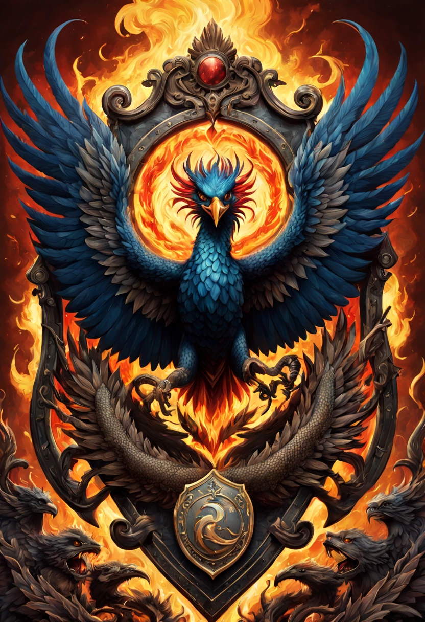 "(best quality,highres),intricate,beautiful phoenix bird and fanged snake battle shield with coat of arms,fire in the background,(maximalist,trending on Artstation),(hyperdetailed:1.1) composition,highly detailed fiery background,exquisite craftsmanship,richly decorated,eye-catching color palette,mesmerizing design,impressive scale,vivid colors,sharp focus"