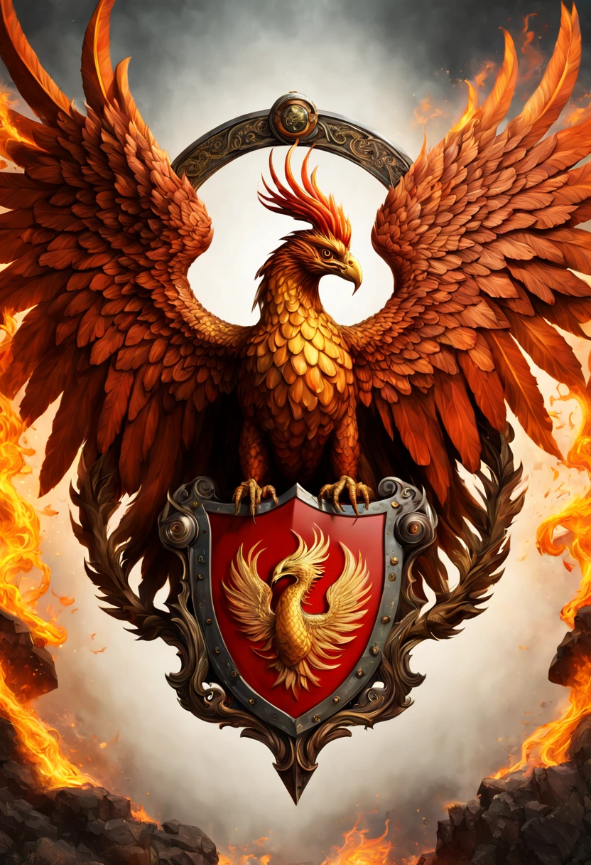 "(best quality,highres),intricate,beautiful phoenix bird and fanged snake battle shield with coat of arms,fire in the background,(maximalist,trending on Artstation),(hyperdetailed:1.1) composition,highly detailed fiery background,exquisite craftsmanship,richly decorated,eye-catching color palette,mesmerizing design,impressive scale,vivid colors,sharp focus"